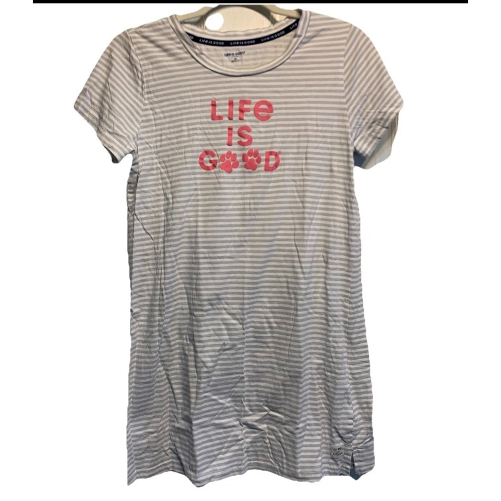 Life is Good Sleep Shirt Striped Pink Paw Print Graphic Nightgown Women Medium